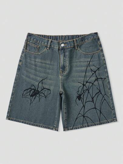 Street Life Men's Spider Printed Denim Shorts Jorts, Y2K Fashion, School, Halloween