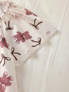 Áo ngủ dáng rộng in hình gấu hoạt hình dễ thương và nơ cho bé gái, nhẹ và thoải mái, thích hợp cho mùa hè. - Màu be - Xem 3