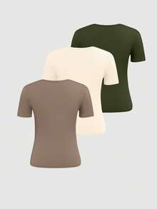 SHEIN 3pcs/Set Women's Solid Color Round Neck Short Sleeve Casual Versatile T-Shirts - Multicolor - View 2