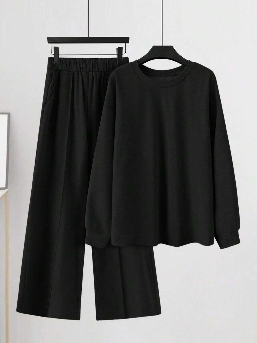 SHEIN LUNE CURVE 大码休闲纯色卫衣和运动裤两件套 - 黑色 - 查看 1