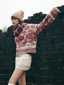 Bohemela 波西米亚风秋冬外套，女士复古红白提花费尔岛针织高领毛衣，西部乡村风格，适合度假、日常穿着、返校季、万圣节、圣诞节、新年、情人节等场合，冬季女装 - 酒紅色 - 查看 5