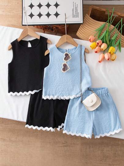 Elladie kids Conjunto de chaleco y pantalones cortos casual de verano con decoración de cinta para niña