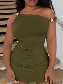 Alexandranx Fitted Ruched Metal Button Decoration Army Green Dress - Army Green - View 4