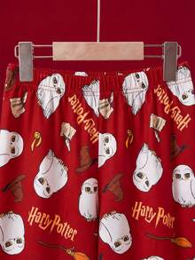 HARRY POTTER X SHEIN Conjunto de pijama de niña preadolescente con parte superior con cuello y pantalones estampados con búhos de dibujos animados, resistente a las llamas, para otoño/invierno - Rojo - Ver 6
