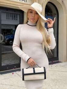 Cioccolato Women's Elegant Turtleneck Fitted Ribbed Knit Sweater Dress With Bowknot Details Fall Winter Cloth For Women - Apricot - View 3