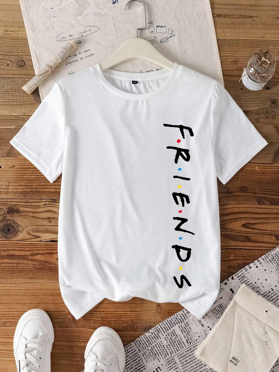 FRIENDS X SHEIN Áo thun nữ tay ngắn cổ tròn dáng rộng, thoải mái, thích hợp cho mùa hè. - trắng - Xem 1