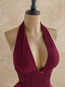 Soleia 新款休闲度假西部海滩婚礼宾客礼服毕业早午餐连衣裙，适合圣帕特里克节、春假、复活节、音乐节、优雅波西米亚热带浪漫情人节圣诞节等场合，露背系带荷叶边蕾丝蝴蝶结装饰网纱迷你连衣裙，酒红色 - 酒紅色 - 查看 6