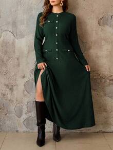 Roveilla Sophisticated Plus Size Dark Green Long Dress With Button Front Details And Round Neckline - Dark Green - View 7