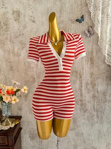 Elamini 红色条纹针织翻领半拉链纽扣短袖修身连体裤，女士春夏复古度假休闲简约通勤日常百搭款 - 紅色 - 查看 7