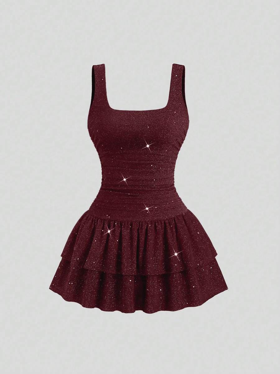 Sweetra 新款秋冬修身亮面派对蛋糕裙摆迷你连衣裙，女士款 - 酒紅色 - 查看 1