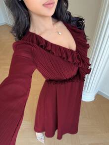 Modelyn 新款春夏休闲优雅连衣裙，适合通勤、日常约会、生日派对、办公室穿着，简约现代的都市V领设计，荷叶边领口，荷叶边装饰袖口，长袖，A字裙摆，伞裙，百褶裙，酒红色雪纺面料，女士中长连衣裙 - 酒紅色 - 查看 7