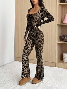 SHEIN PETITE Women's Autumn Leopard Print Square Neck Long Sleeve Flared Fashion Jumpsuit ,Petite Women - Brown - View 1