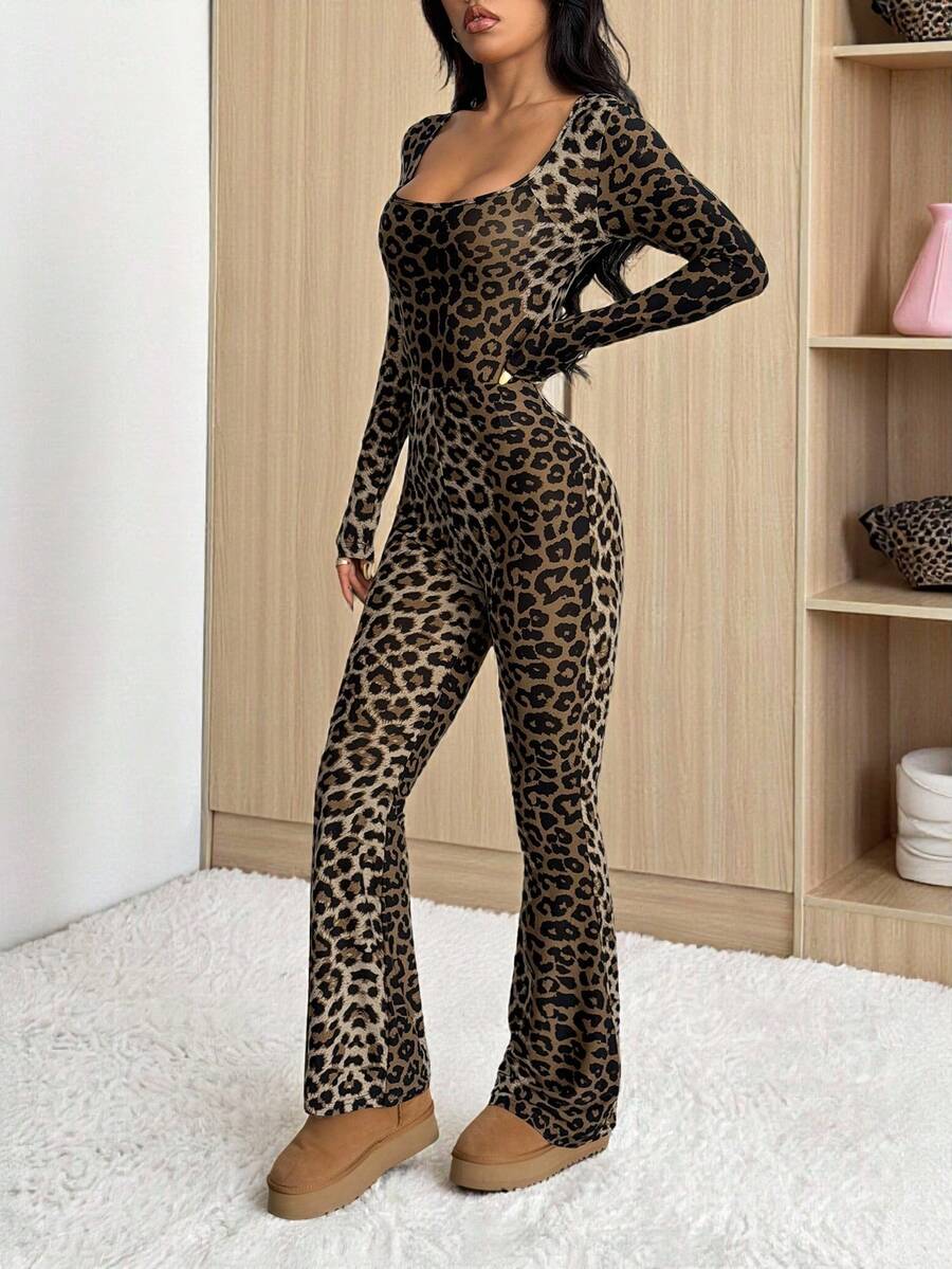 SHEIN PETITE Women's Autumn Leopard Print Square Neck Long Sleeve Flared Fashion Jumpsuit ,Petite Women - Brown - View 1