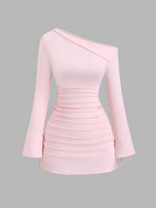 Sweetra Women's Asymmetric Ruffle Shoulder Wrap Dress, Long Sleeve, Suitable For Halloween, Outings, Commuting, Travel, Dates, Black - Pink - View 3