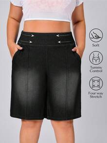 Flexra Plus Size Solid Color Casual Denim Shorts - Black - View 1
