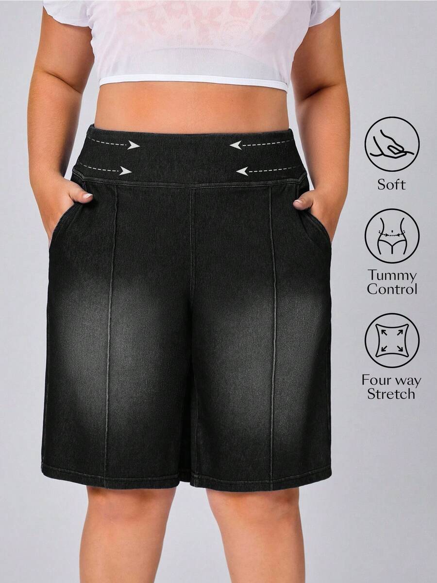 Flexra Plus Size Solid Color Casual Denim Shorts - Black - View 1