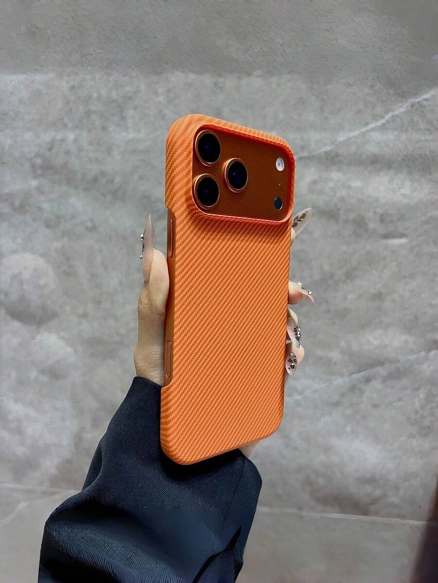 1pc Magnetic Case Carbon Fiber Texture Compatible With 17 Pro Max Air 16 15 14 13 12 Pro Max Plus Half Cover Matte Heat Dissipation Protective Case - Orange - View 1