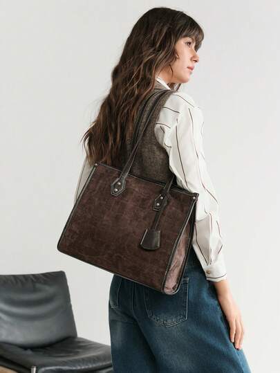 SHECARRY Bolso de mano de ante con estampado de cocodrilo vintage, bolso de viaje retro de alta gama con gran capacidad, con asa de hombro y superior