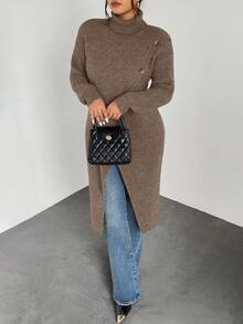 Firerie كنزة صوفية متوسطة الطول مصممة بطراز متقاطع مضفر مناسبة للمرأة ذات الحجم الكبير، عصرية، أنيقة، كاجوال، متعددة الاستخدامات، مناسبة للخريف/الشتاء - بني - مشاهدة 6