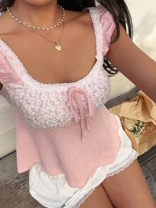 SHEIN Unity Blusa feminina rosa, estilo doce e descontraída, bordada, para férias na primavera/verão. - Rosa - Ver 4