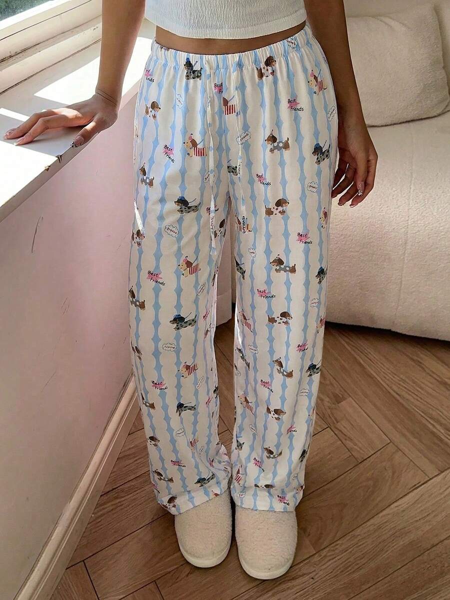 Aloruh Women's Low Waist Long Starfish Print Pants, Spring/Summer Cute Pants Dog Print Pants - Baby Blue - View 1