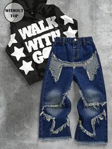 SHEIN Young Boy Casual Washed Distressed Patch Denim Jeans - Dark Wash - View 1