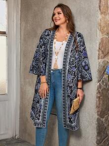 EMERY ROSE Plus Size Paisley Print Casual Vacation Jacket Summer Holiday Outfits Spring Break Outfits Valentine Outfits For Women Carnival Women Look 2026 Beach Outfits For Women Boho Kimono Kimono Cardigan Valentine Outfits For Women Spring Break Outfits Summer Holiday Outfits Carnival Weddings & Events Elegant Dress Women