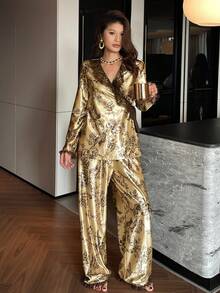 DAZY Floral Print Satin Lace Ruffle Trim Women Pajama Set - Gold - View 7