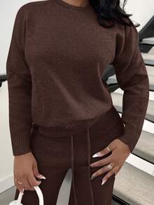 Alexandranx 女士纯色圆领蝙蝠袖针织毛衣和阔腿针织裤，休闲两件套，秋冬 - 咖啡棕 - 查看 4