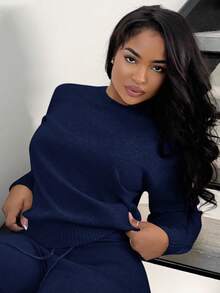 Alexandranx 2pcs/Set Casual Solid Color Crew Neck Long Sleeve Sweater Top And Pants Fall Winter Cloth For Women - Navy Blue - View 3