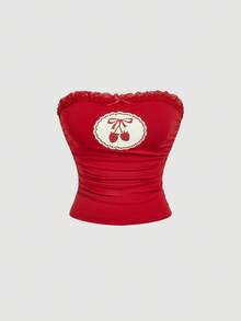 SHEIN MOD 2件装女士蕾丝边蝴蝶结装饰抹胸上衣，适合派对、休闲、乡村音乐会、夏季、情人节、外出、Y2K风格、度假等场合，图案T恤，红黑配色，完美适用于度假、约会、野餐、派对、舞会、节日和生日等场合，抹胸上衣 - 紅色和黑色 - 查看 8