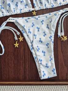 Swim Mod 2pcs/Set Women's White And Blue Floral Bikini,Halter Backless Crop Top&Side Tie Bottom Swimwear,Summer,Tropical,Beach,Vacation,Holiday Metallic Decor - Multicolor - View 4