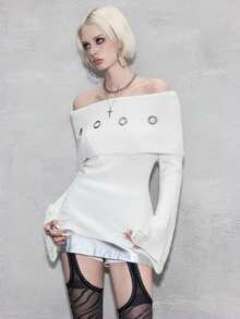ROMWE Avant Áo len kiểu Punk Y2K rách rưới, thắt eo, tay loe, điểm nhấn là khuy kim loại, hở vai. - trắng - Xem 4