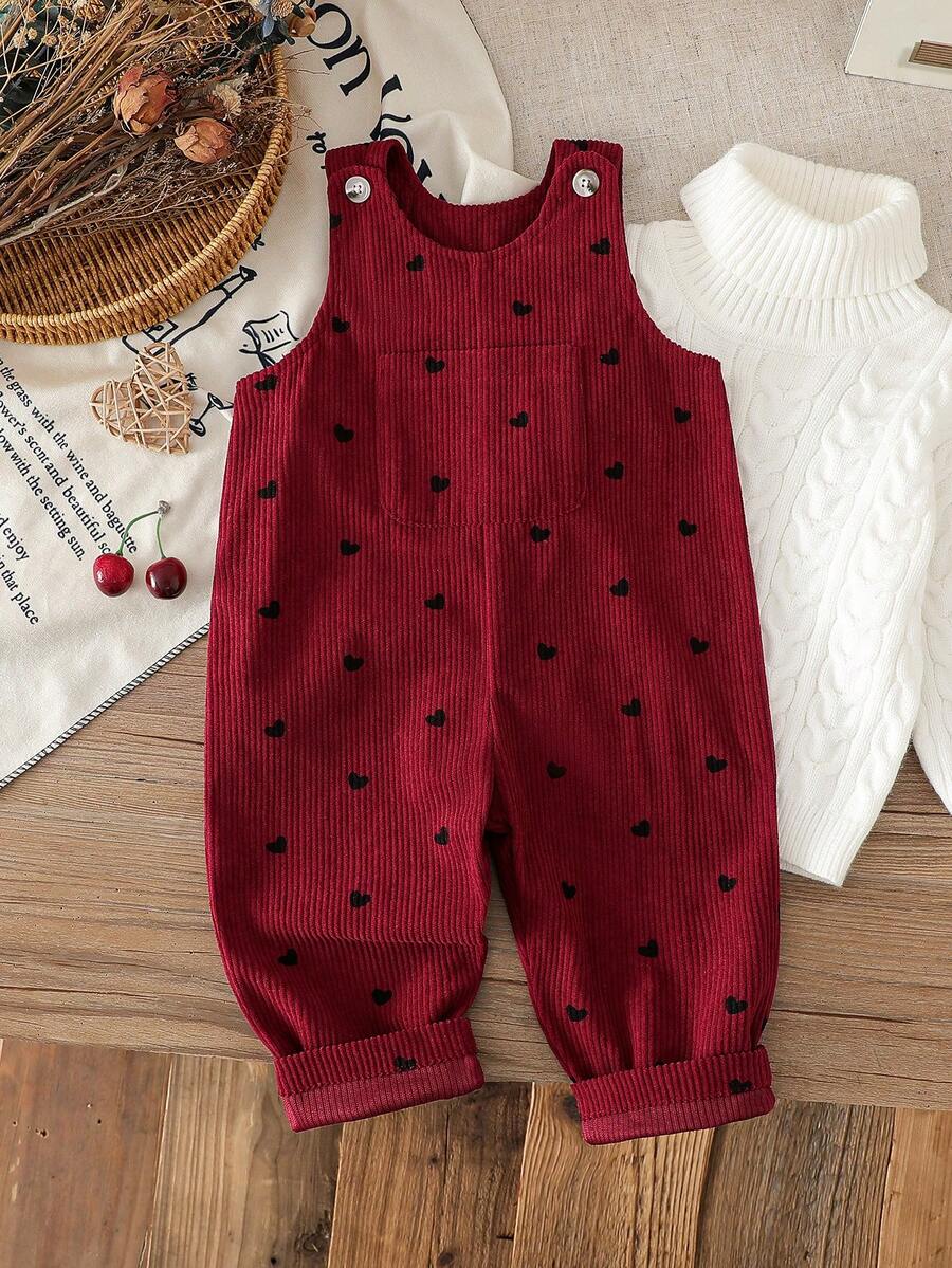 Baby Girls/Unisex Infant Toddler 0-3Y Spring/Autumn Heart Print Corduroy Overalls Set, Casual Style With Chest Pocket Decoration, Suitable For Outdoor Play And Leisure - Burgundy - View 1
