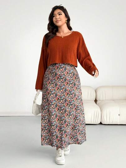 SHEIN Essnce Plus-Size Women's Autumn/Winter Fashion Casual Loose Comfortable Everyday Two Pieces Set: Orange-Brown Top And Floral Long Dress,Fall Outfits,Country Style