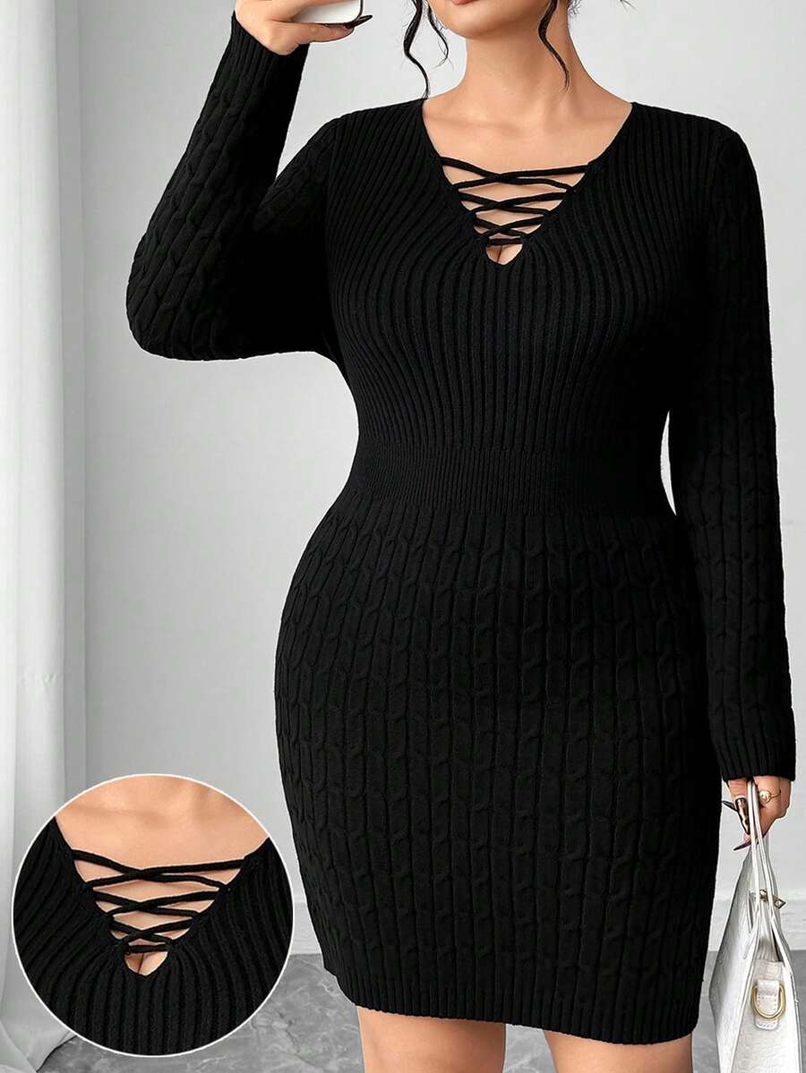 Elenzga Robe pull en tricot ajustée pour femmes grandes tailles en hiver - Noir - Voir 1