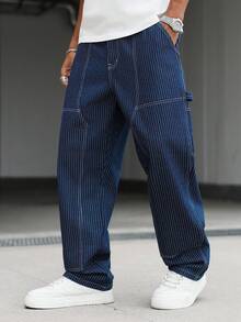 Manfinity Hypemode Men's Casual Street Style Multi-Pocket Patch Vertical Striped Blue Denim Jeans Blue Baggy Jeans Men - Dark Wash - View 5