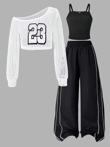 三件套少女休闲街头风穿搭，包括不对称肩部网纱针织罩衫、修身针织吊带背心和黑白滚边阔腿工装裤，适合返校、秋冬旅行穿着。