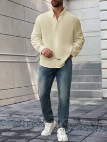 Manfinity Homme Plus Size Men's Solid Color Casual Long Sleeve Shirt Men's Long Sleeve Shirt Beige Men Shirt - Apricot - View 5