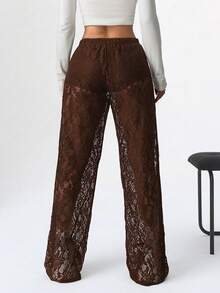 SHEIN EZwear Quần dài ren xuyên thấu màu nâu cà phê dành cho nữ, thích hợp cho các bữa tiệc và đi chơi hàng ngày, mùa xuân/hè. - Cà phê nâu - Xem 2