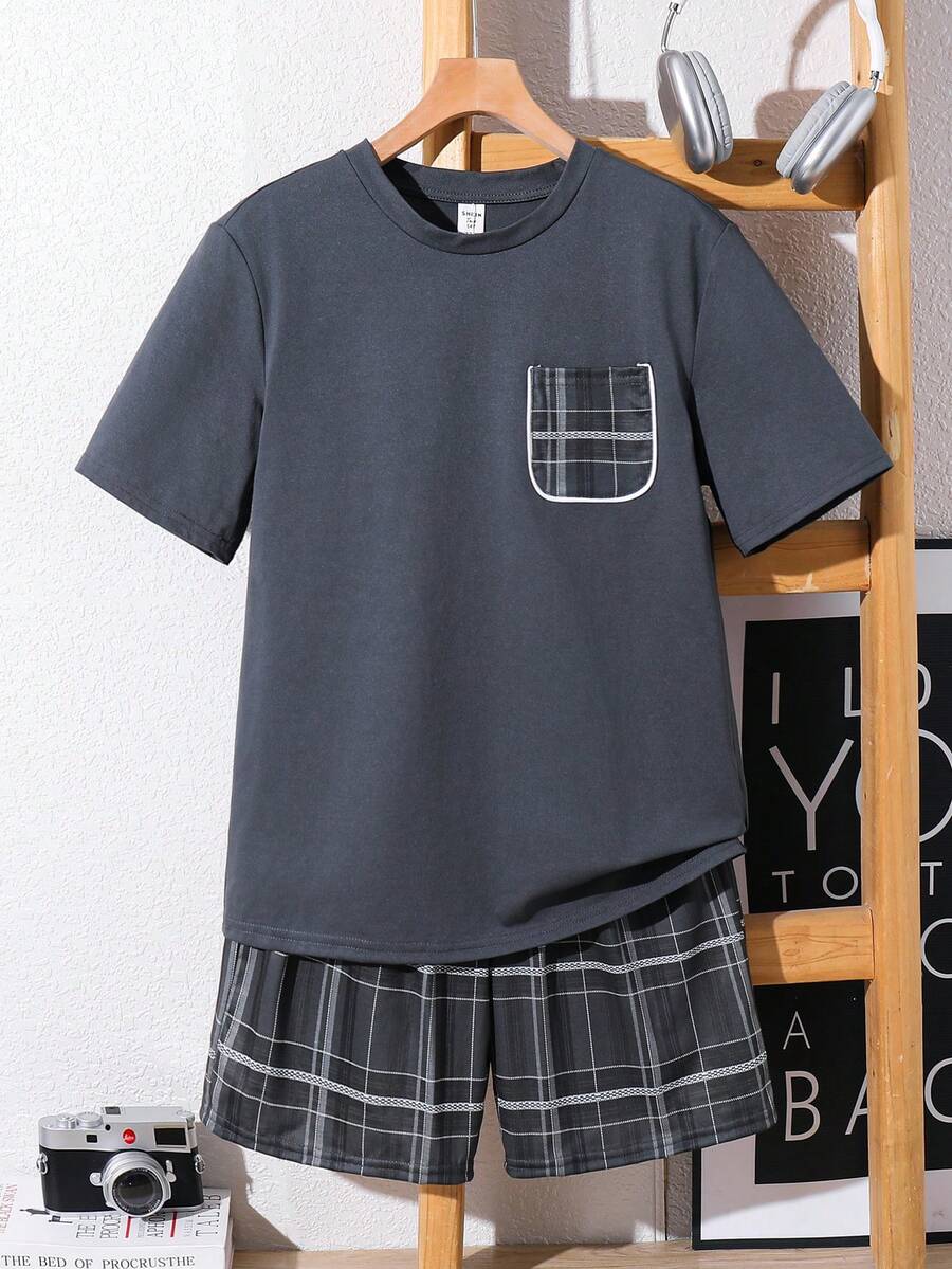 SHEIN 2pcs Teen Boys Plaid Pattern Round Neck Pocket Casual Short Sleeve Shorts Pajama Set, Teen Boy - Grey - View 1