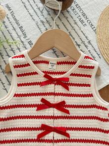 LMoss Kids Young Girl Fitted Ribbed Knit Crop Top - Red and White - View 5