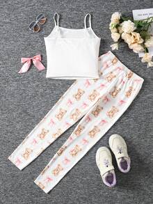 SHEIN Girls Raccoon Print Casual Knit Camisole & Shorts Set - White - View 6