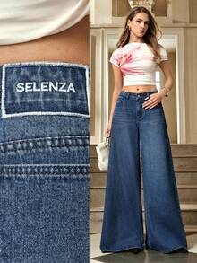 Selenza 女士纯色口袋休闲宽松阔腿牛仔裤 - 藍色 - 查看 1