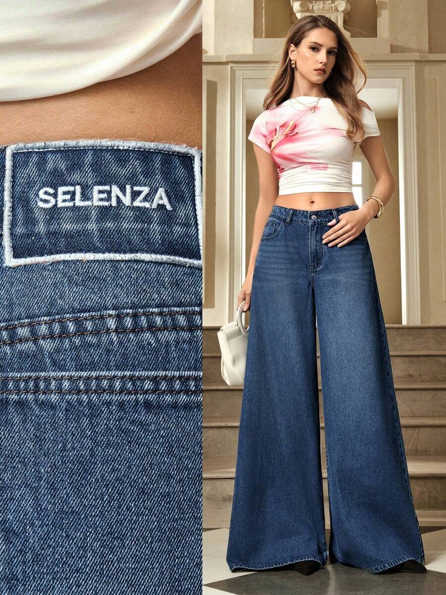 Selenza 女士纯色口袋休闲宽松阔腿牛仔裤 - 藍色 - 查看 1