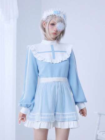 Kawaii Women's Long Sleeve Stand Collar Yandere Style Cross & Angel Print Long Sleeve Dress