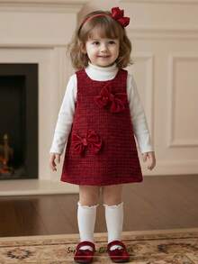 Cozy Pixies 2件套女婴圣诞新年红色针织柔软圆领长袖毛衣上衣和无袖蝴蝶结装饰圆领连衣裙套装 - 紅色 - 查看 1