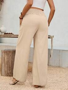 SHEIN Quần bầu ống rộng màu trơn có dây rút ở eo - Màu Khaki - Xem 2