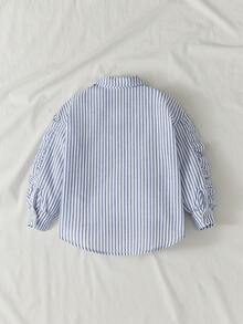 Maija Kids 女童蓝白条纹刺绣褶皱袖领长袖衬衫 - 藍白色 - 查看 2