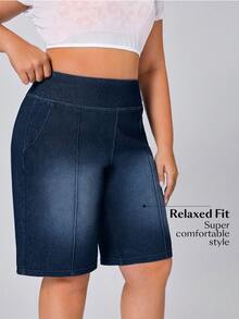 Flexra Pantalones cortos de mezclilla casuales de unicolor talla grande - Azul lavado medio - Ver 3